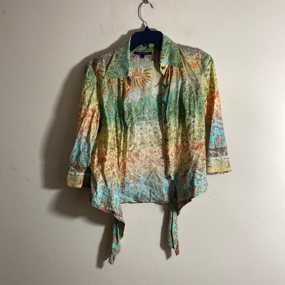 Vintage David Meister Multicolor Banded Button-Down Blouse with Floral Details
